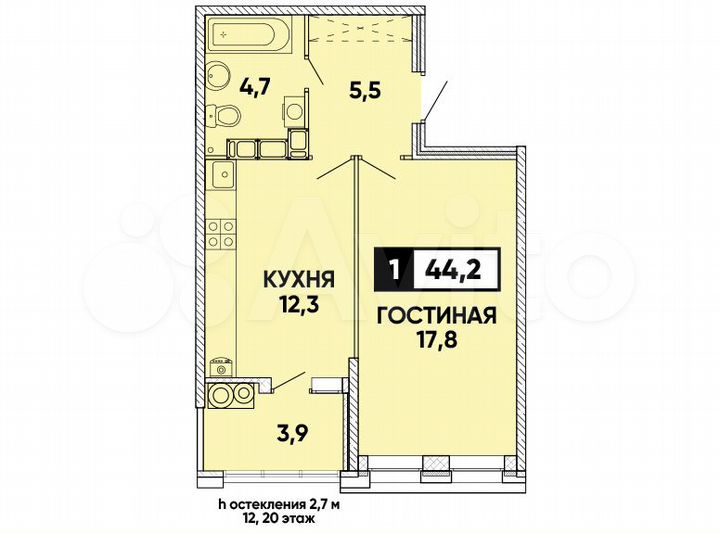 1-к. квартира, 44 м², 15/24 эт.