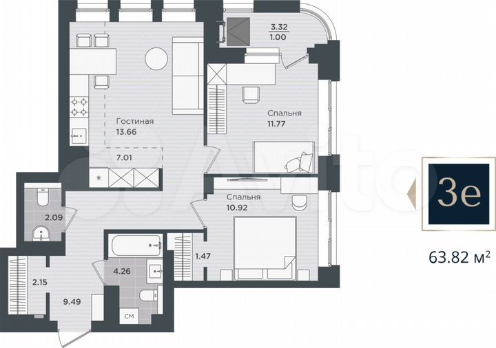 3-к. квартира, 63,8 м², 21/24 эт.