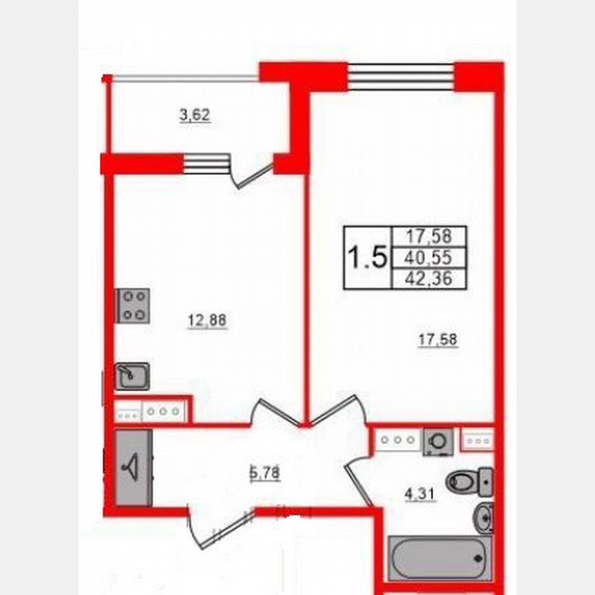 1-к. квартира, 40,5 м², 7/12 эт.
