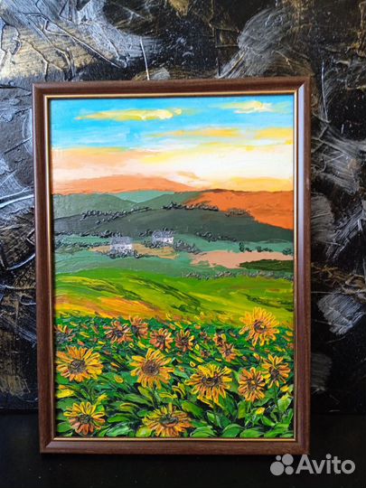 Картина маслом пейзаж Подсолнухи и закат. Мастихин