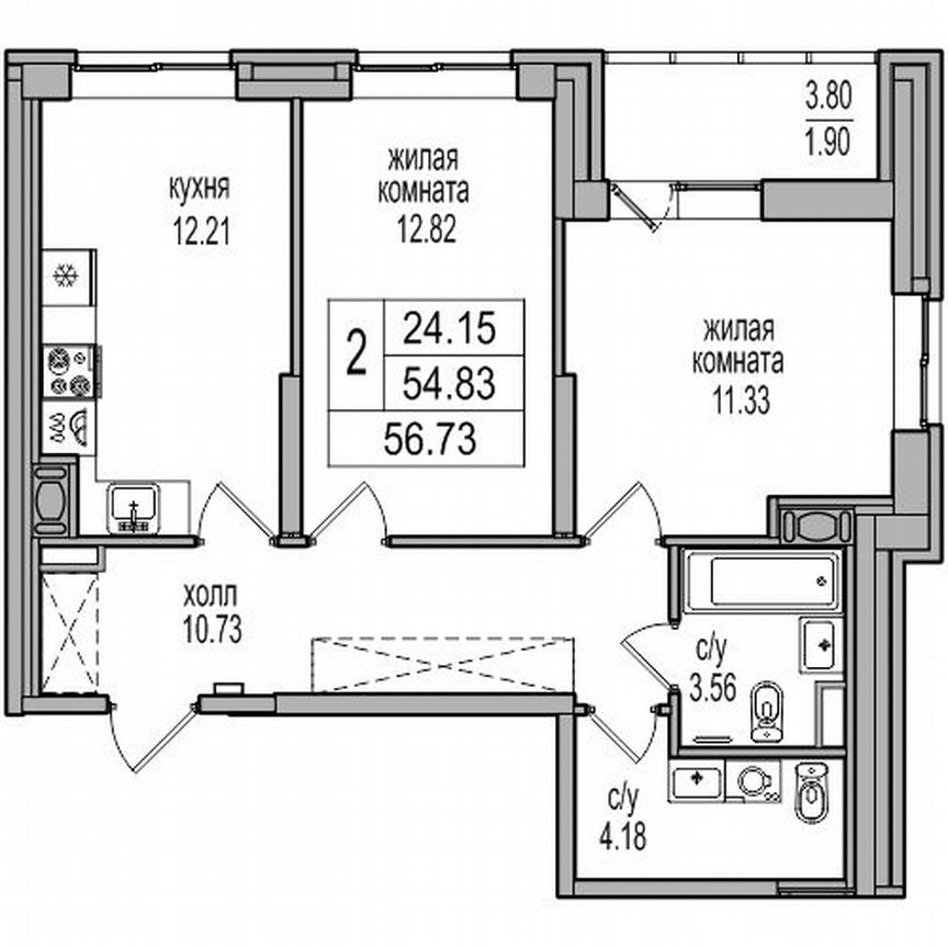 2-к. квартира, 55,7 м², 13/27 эт.