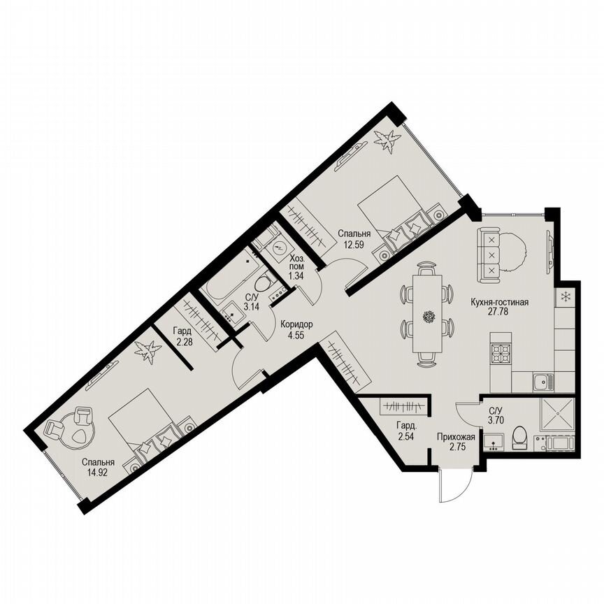 2-к. квартира, 75,6 м², 3/6 эт.