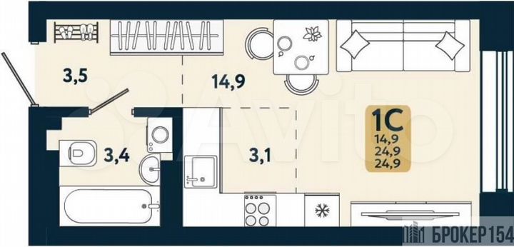 Квартира-студия, 24,9 м², 21/22 эт.