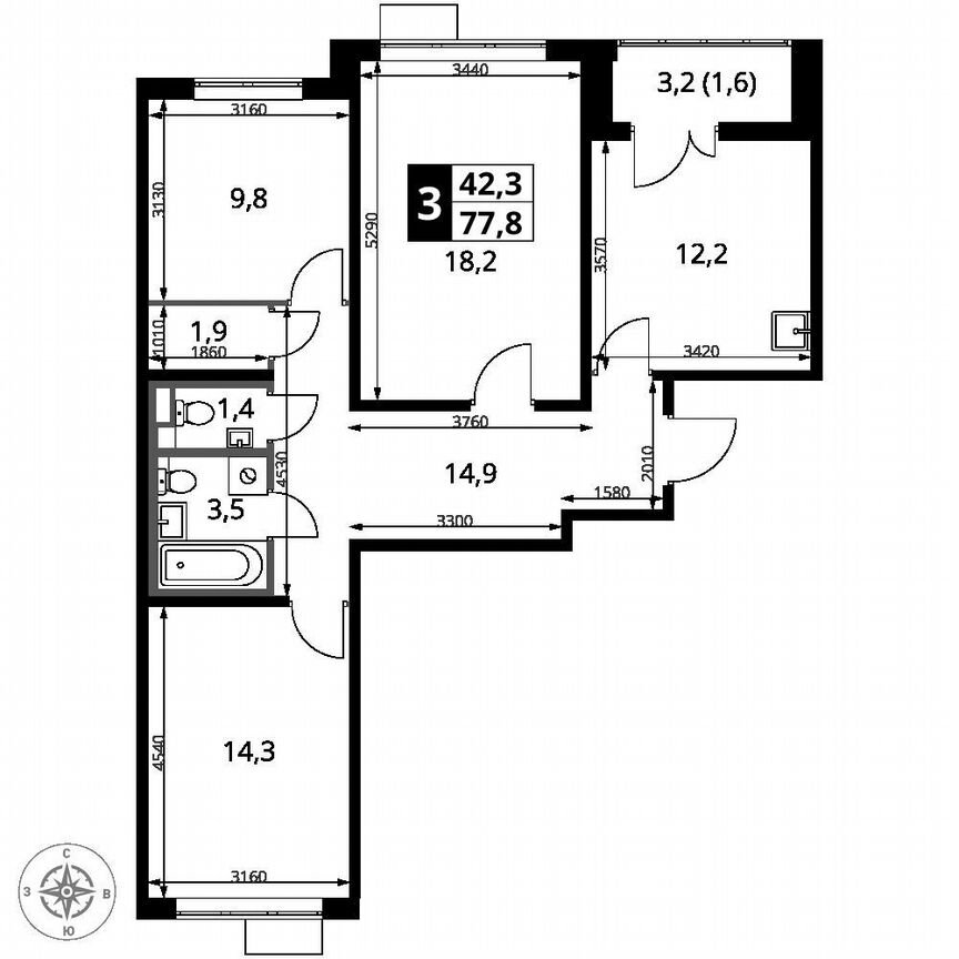 3-к. квартира, 77,8 м², 9/16 эт.