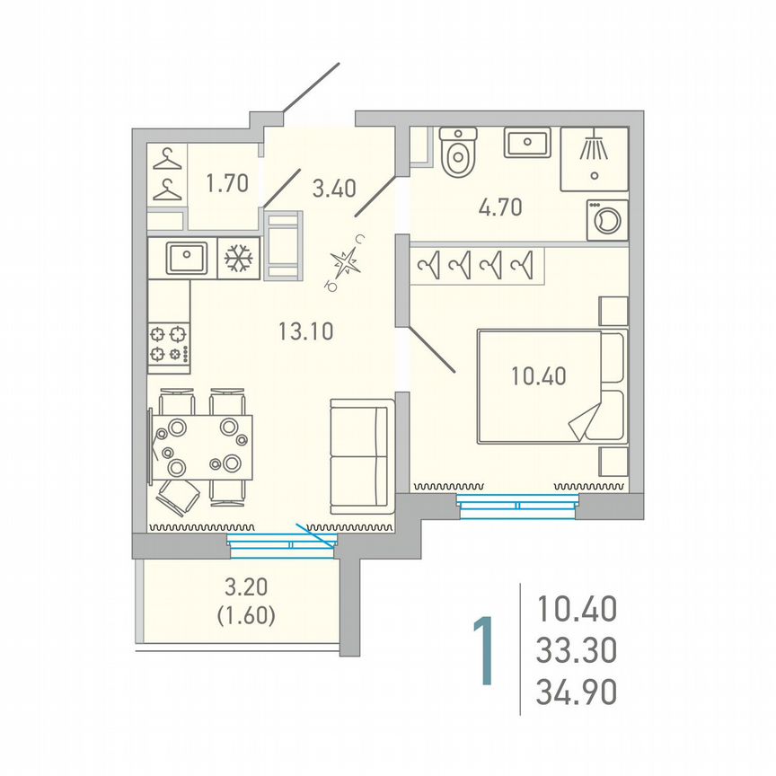 1-к. квартира, 34,9 м², 12/17 эт.
