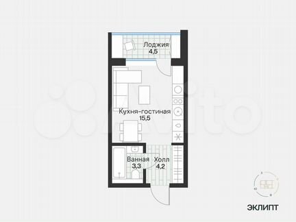 Квартира-студия, 25 м², 3/4 эт.