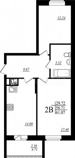 2-к. квартира, 61,1 м², 3/19 эт.