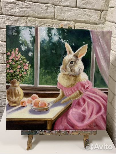 Картина маслом кролик с персиками