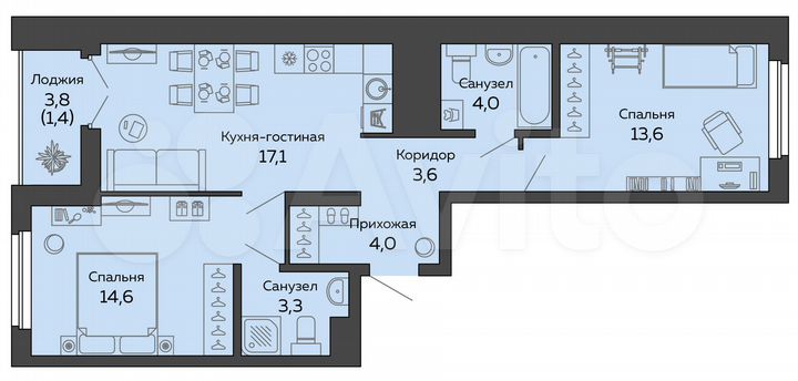 2-к. квартира, 61,5 м², 8/25 эт.