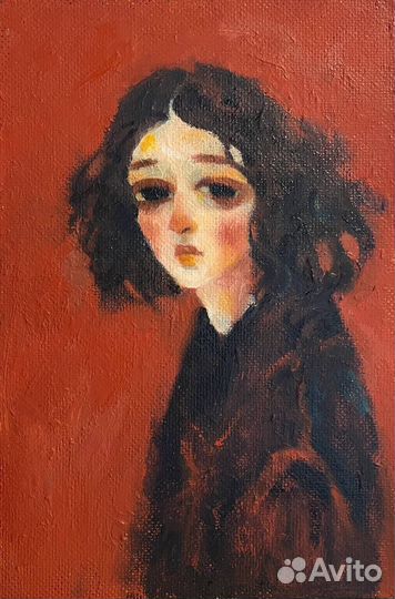 Картина маслом девочка подросток на красном фоне