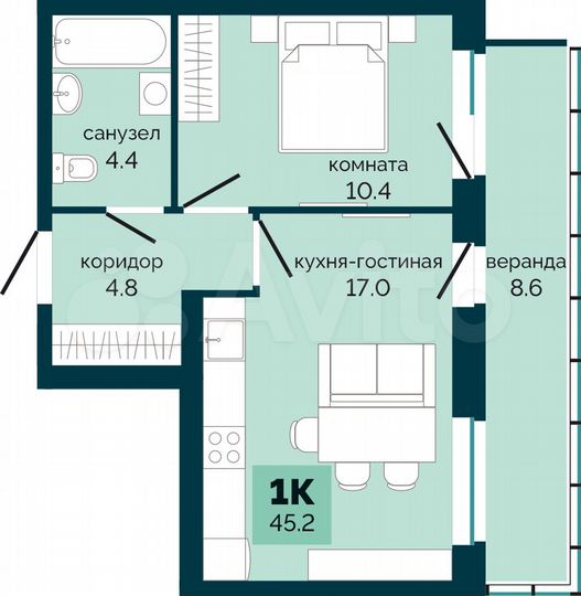 1-к. квартира, 45,2 м², 8/10 эт.