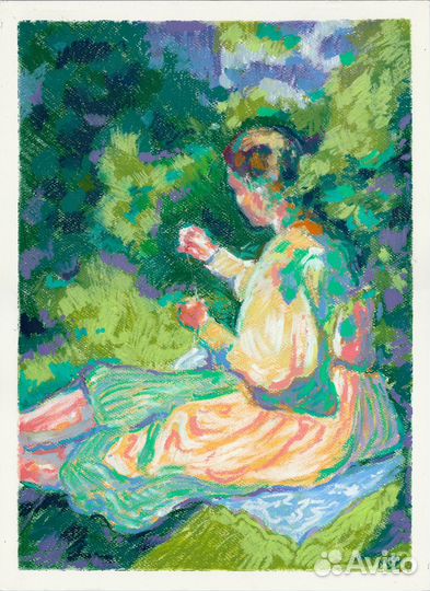 Рисунок масляной пастелью Девушка за шитьем