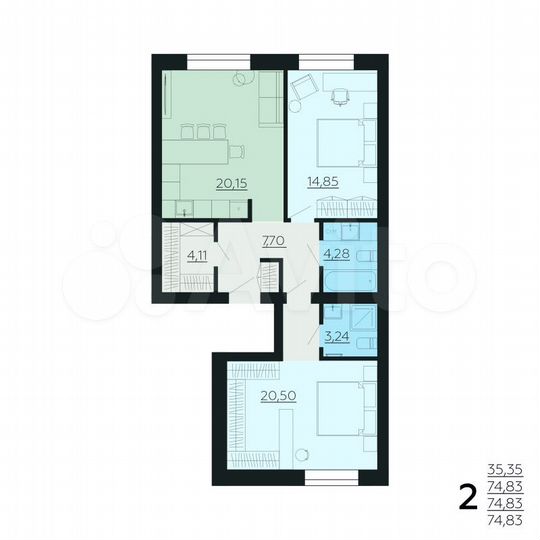 2-к. квартира, 74,8 м², 5/6 эт.