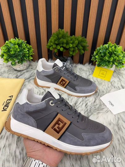 Кроссовки мужские Fendi кожа замша серые