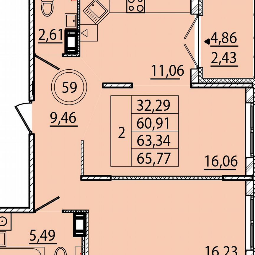 2-к. квартира, 60,9 м², 2/4 эт.