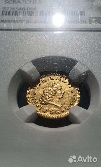 1/2 эскудо в слабе NGC, 1756г JB, Испания