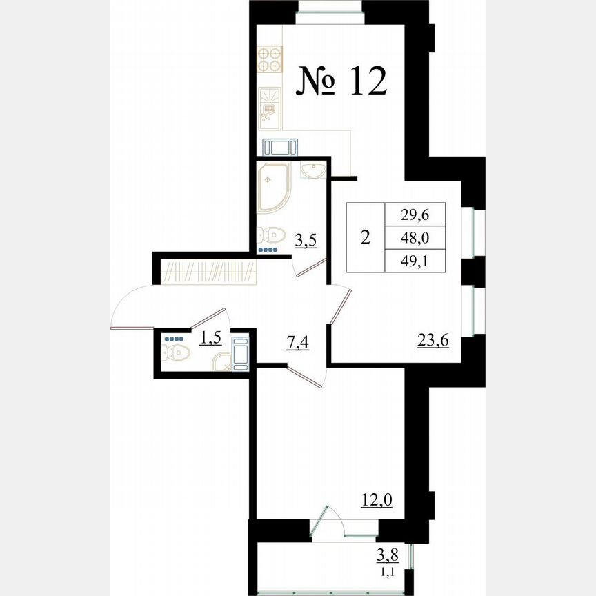 2-к. квартира, 49,1 м², 2/8 эт.