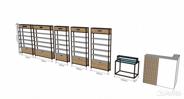 Стеллажи, кассы, торговое оборудование