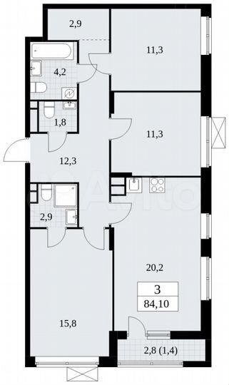 3-к. квартира, 84,1 м², 5/16 эт.