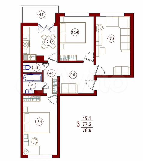 3-к. квартира, 78,6 м², 16/17 эт.