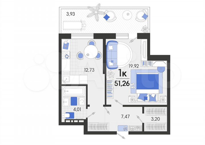 1-к. квартира, 51,3 м², 1/7 эт.