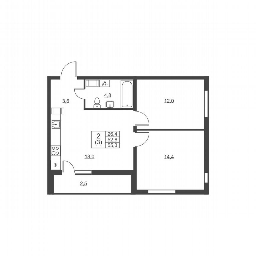 2-к. квартира, 55,3 м², 8/8 эт.