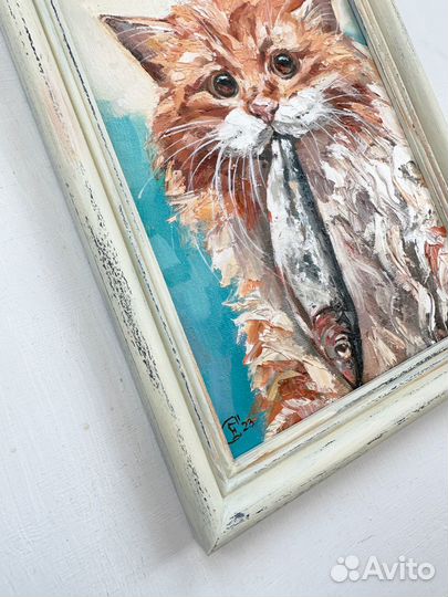 Картина маслом в рамке Котик и рыбка Картина кот