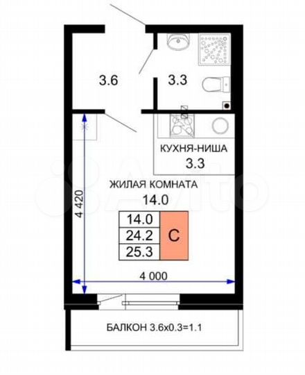 Квартира-студия, 25,3 м², 2/16 эт.