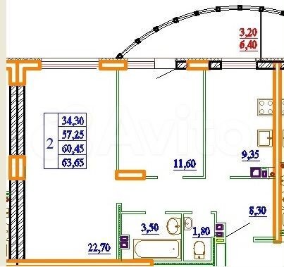 2-к. квартира, 63,5 м², 11/14 эт.