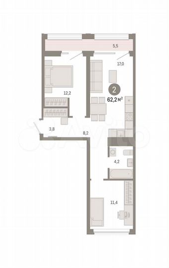 2-к. квартира, 62 м², 5/9 эт.