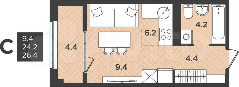 1-к. квартира, 26,4 м², 7/12 эт.