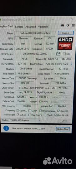 Видеокарта amd rx 480 Asus 8 GB