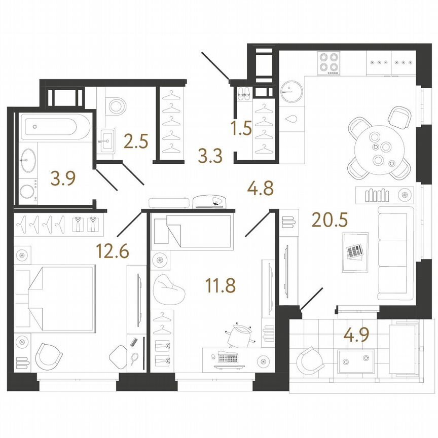 2-к. квартира, 60,9 м², 4/12 эт.