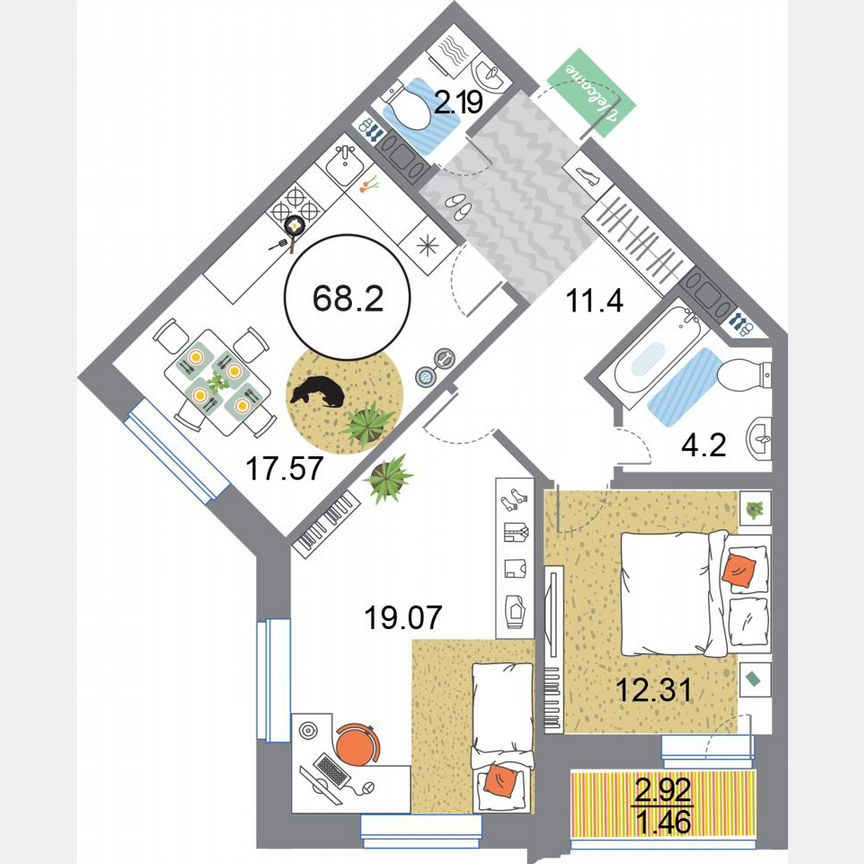 2-к. квартира, 68,2 м², 10/12 эт.
