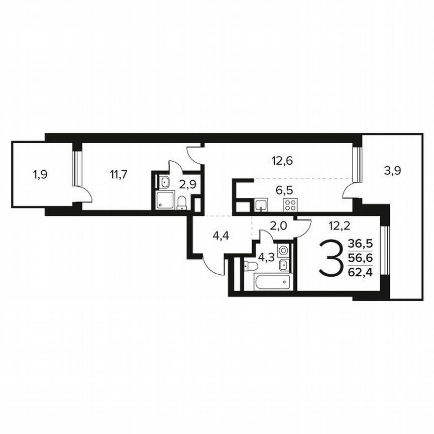 3-к. квартира, 62,4 м², 1/9 эт.