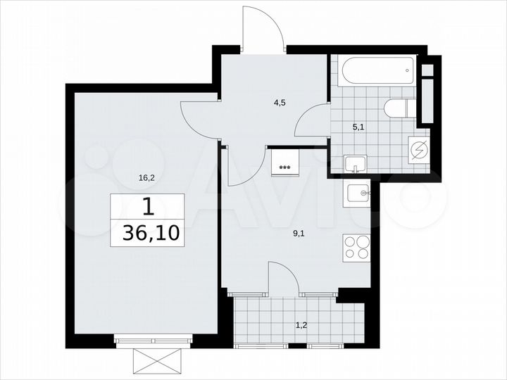 1-к. квартира, 36,1 м², 12/16 эт.