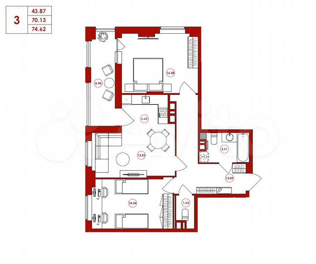2-к. квартира, 74,6 м², 12/16 эт.