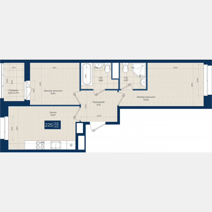 2-к. квартира, 49,4 м², 7/12 эт.