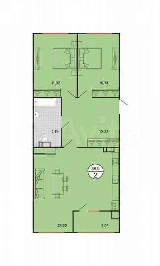 2-к. квартира, 68,9 м², 4/5 эт.