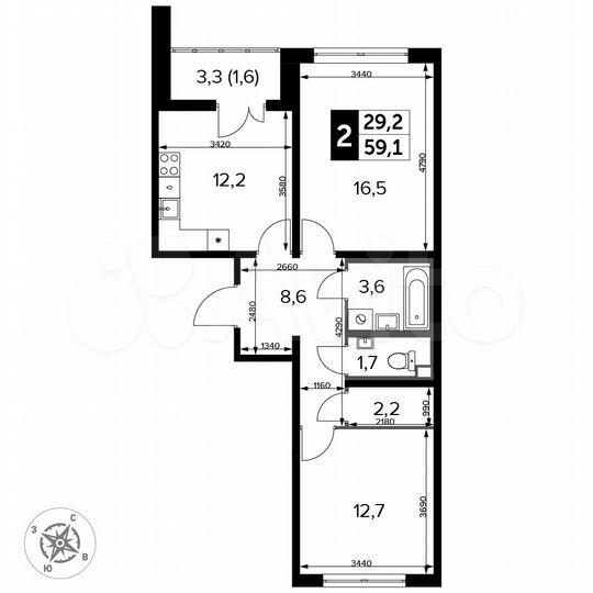 2-к. квартира, 59,1 м², 13/24 эт.