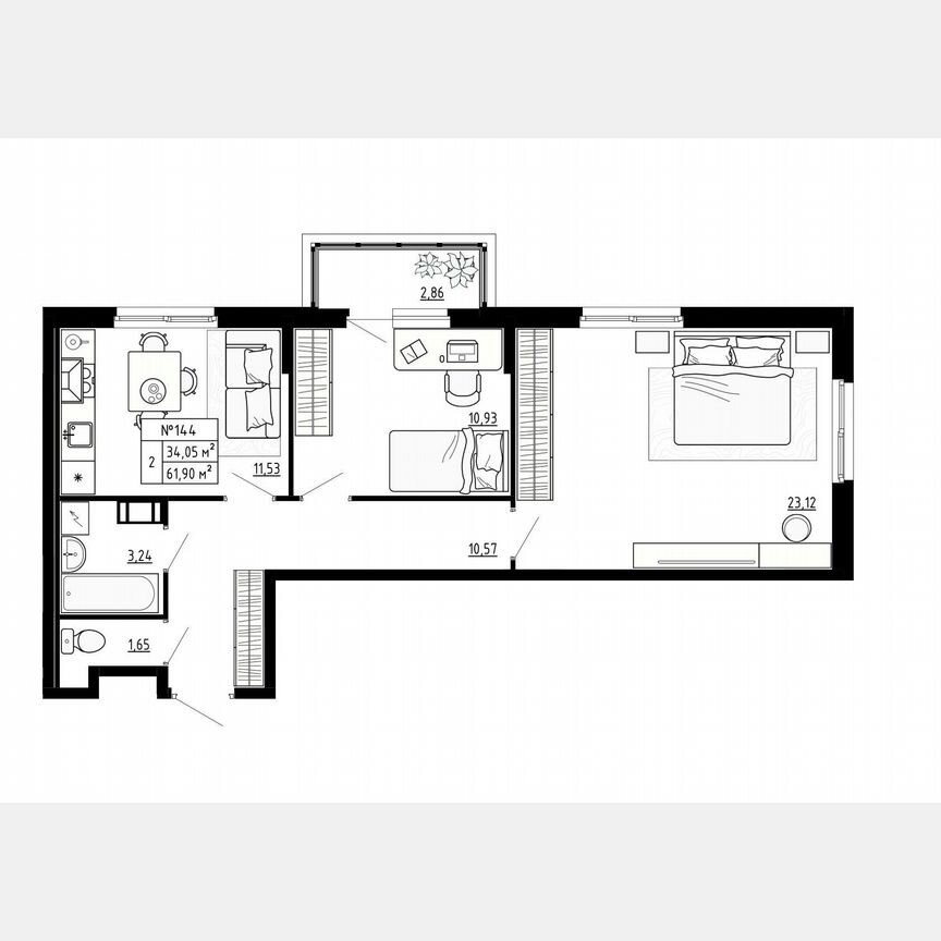 2-к. квартира, 61,9 м², 4/4 эт.