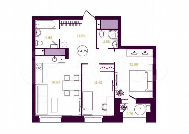 2-к. квартира, 64,8 м², 19/23 эт.