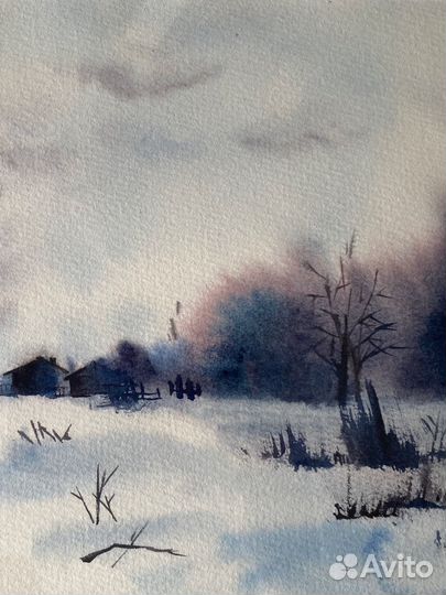 Картина акварелью «Зимний пейзаж»