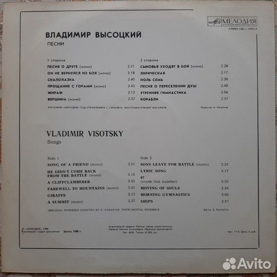 Владимир Высоцкий. Мелодия 1980 LP