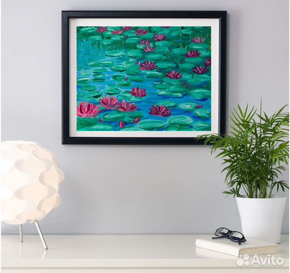 Картина оригинал водяные лилии пруд розовые цветы