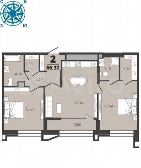 2-к. квартира, 66,3 м², 15/19 эт.