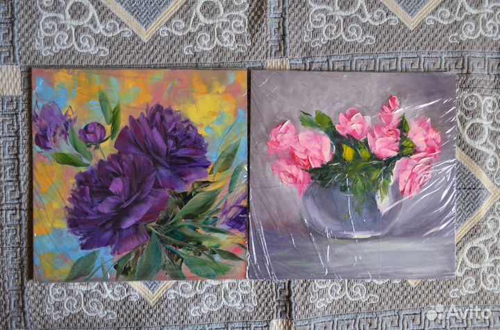 Картина маслом цветы пейзаж разные 30х30см