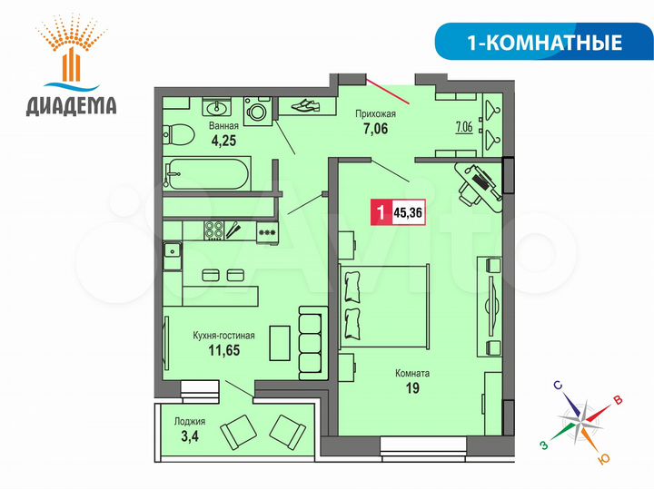 1-к. квартира, 45,4 м², 16/22 эт.