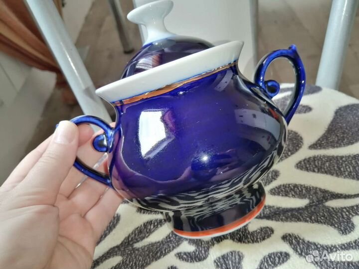 Чайник и Сахарница кобальт фарфор