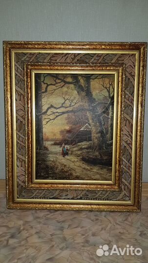 Картина шелкография СССР сельский пейзаж